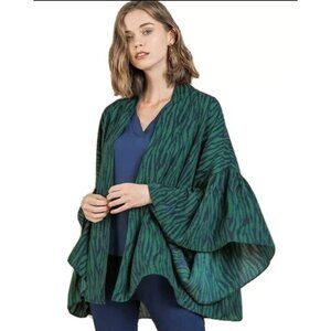 Umgee Open Front Kimono Women M/L Animal Print Zebra Bell Sleeve Boho Green Blue